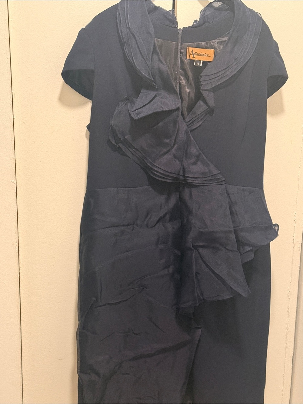 Adrianna Papell Navy Ruffle-Front Cap Sleeve Midi Dress